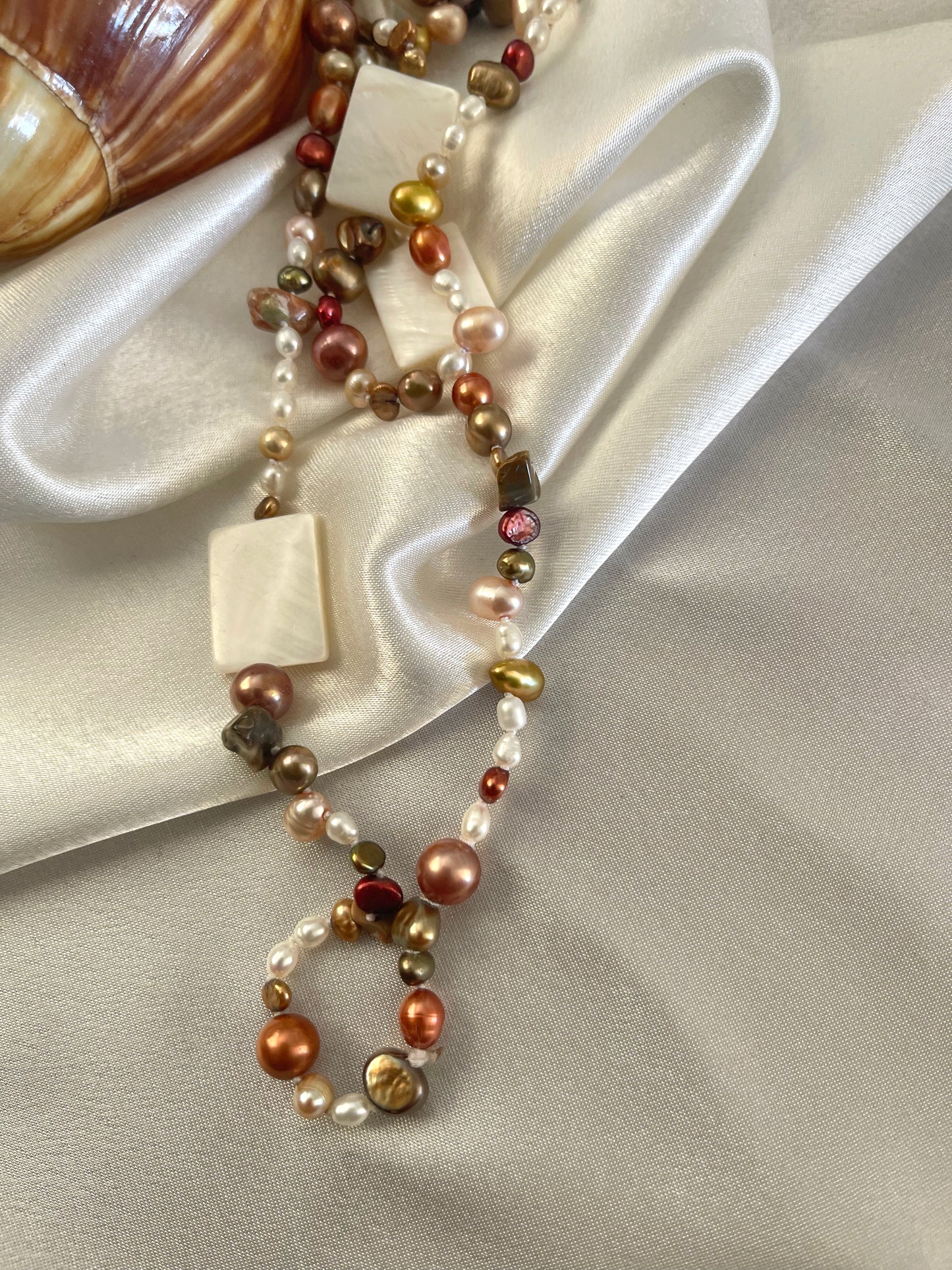 Autumn Bronze Champagne Brown Freshwater Pearls with Shell Necklace