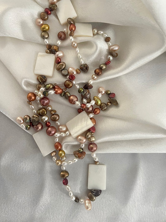 Autumn Bronze Champagne Brown Freshwater Pearls with Shell Necklace