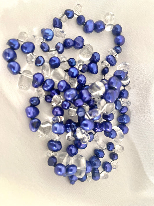 Electric Blue Freshwater Pearls & Glass Crystals Necklace