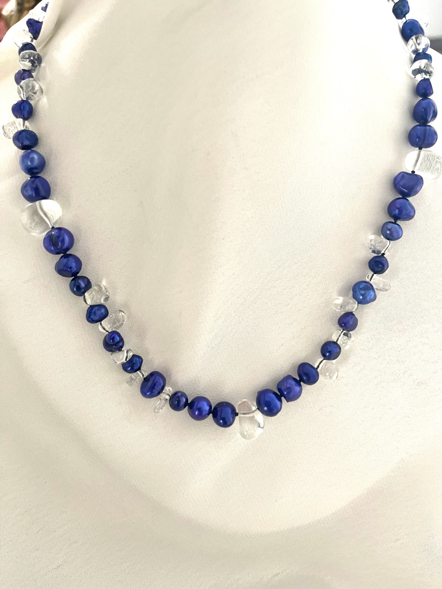 Electric Blue Freshwater Pearls & Glass Crystals Necklace