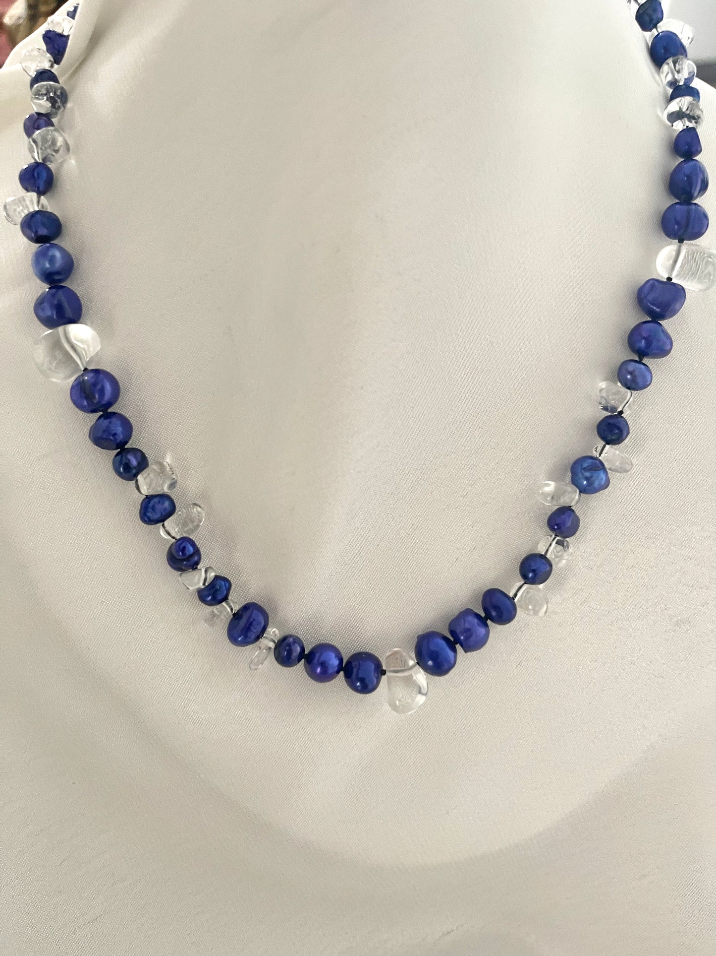 Electric Blue Freshwater Pearls & Glass Crystals Necklace