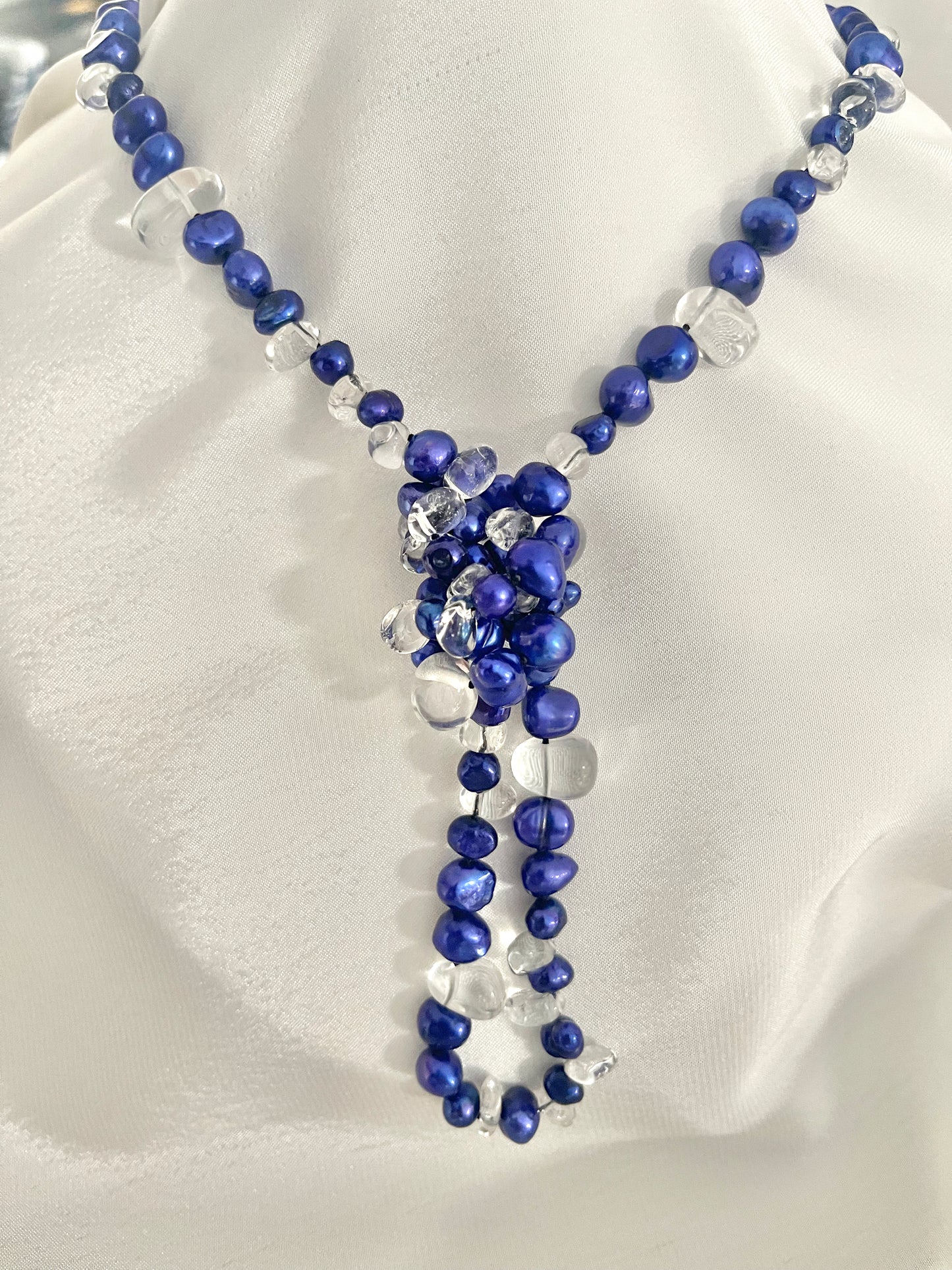Electric Blue Freshwater Pearls & Glass Crystals Necklace