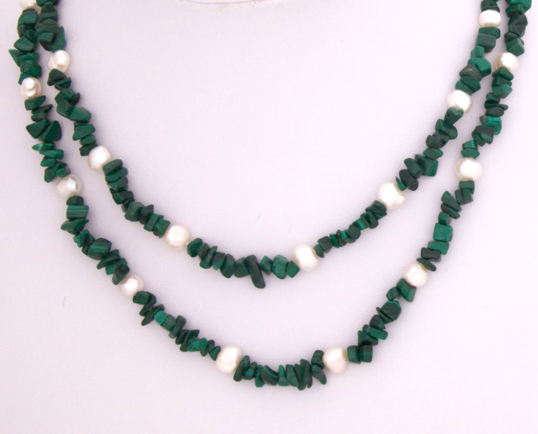 Green Malachite and White Freshwater Pearl Necklace - 4 ways to wear