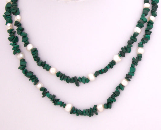 Green Malachite and White Freshwater Pearl Necklace - 4 ways to wear