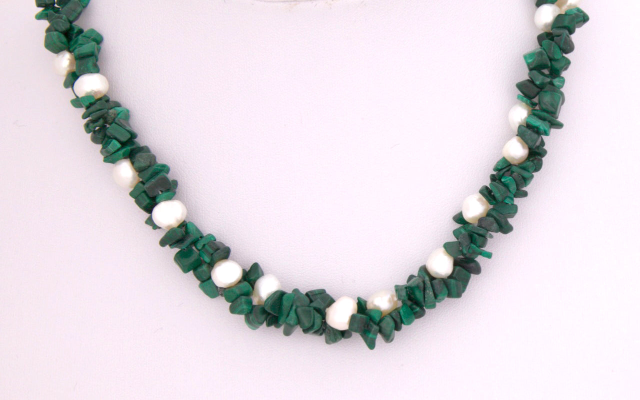 Green Malachite and White Freshwater Pearl Necklace - 4 ways to wear