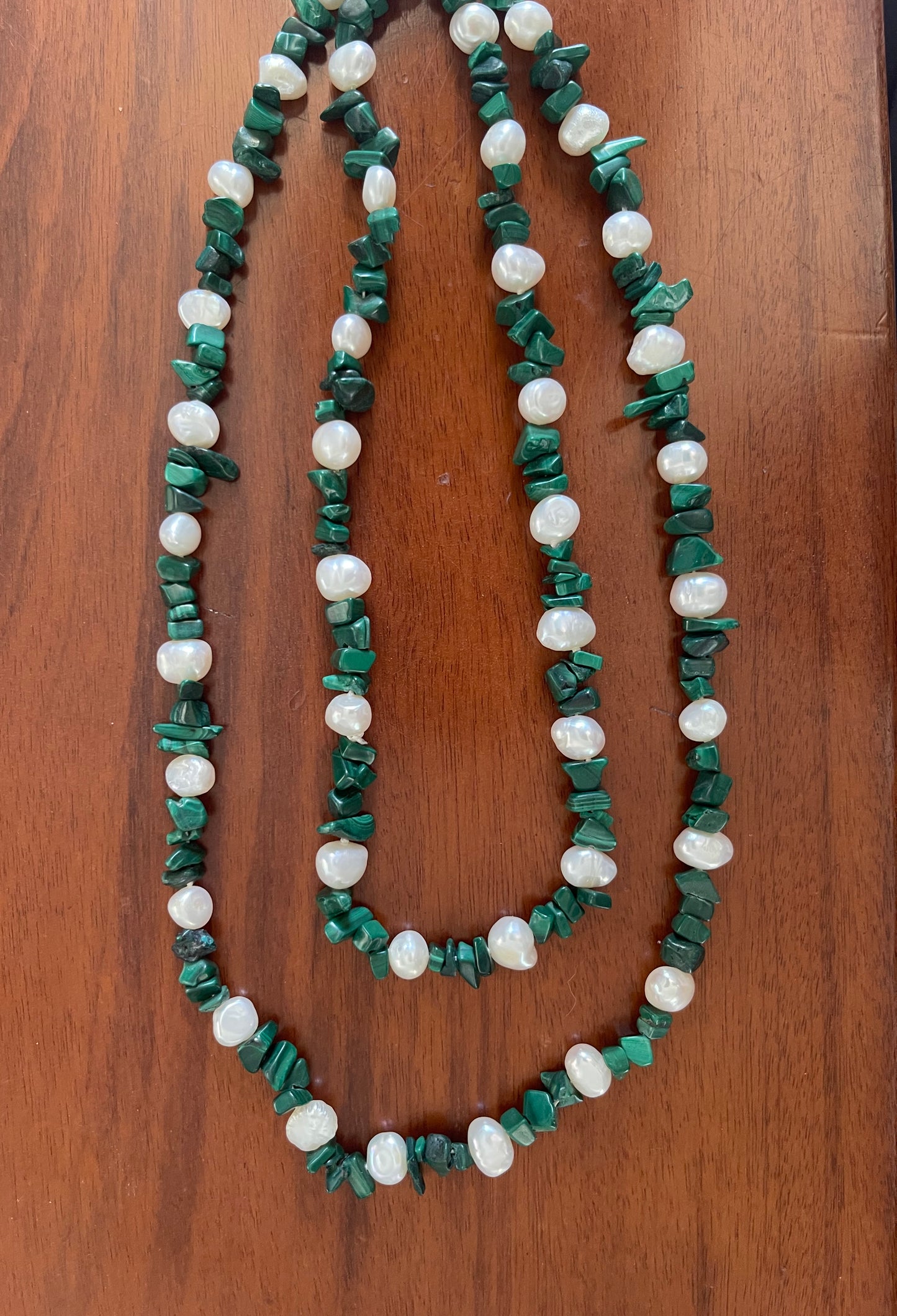 Green Malachite with White Freshwater Pearls Necklace - 4 ways to wear
