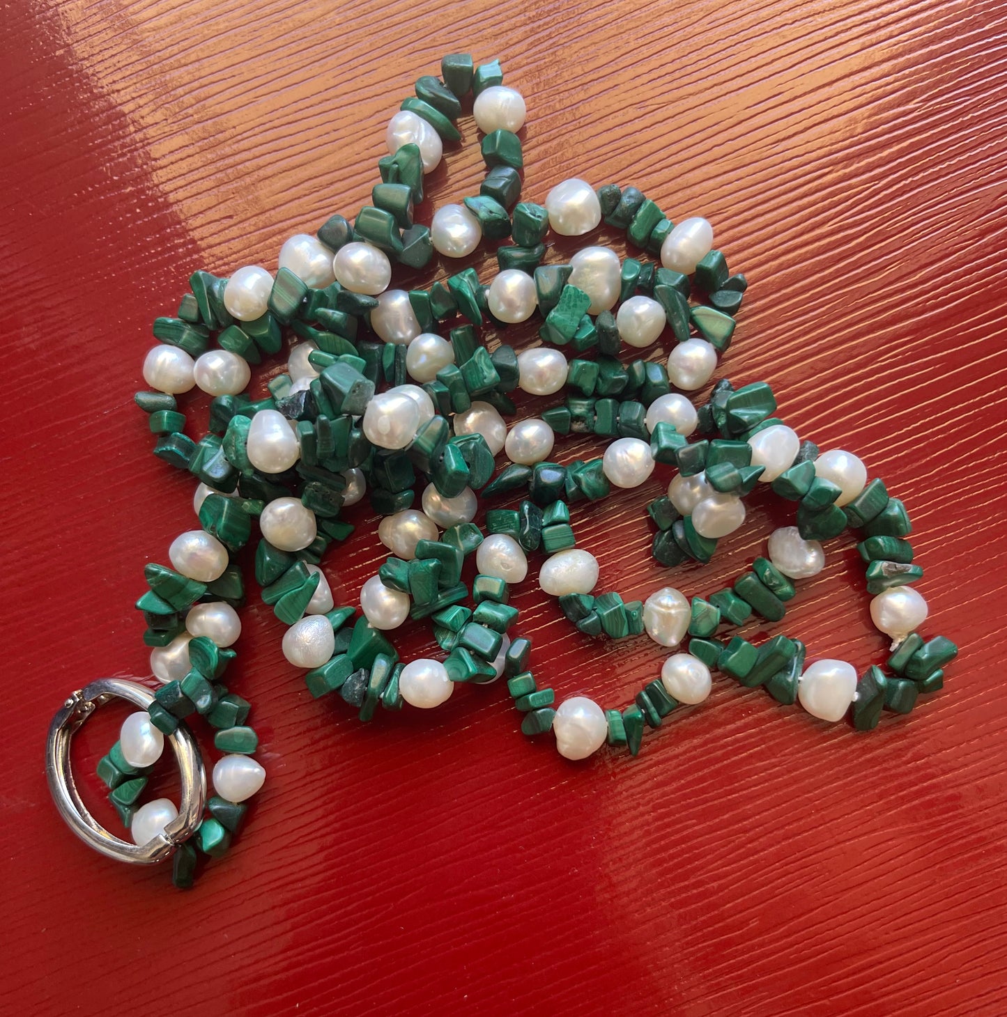 Green Malachite with White Freshwater Pearls Necklace - 4 ways to wear