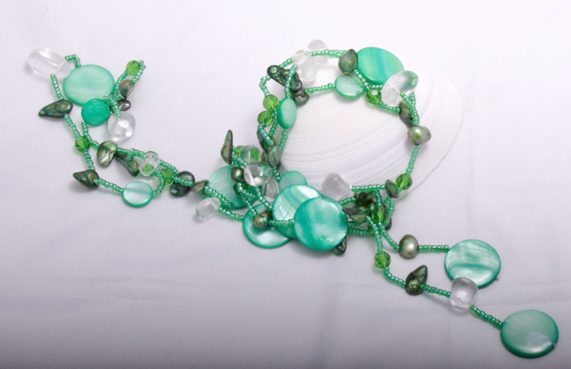 Green Freshwater Pearl & Shell Lariat Necklace