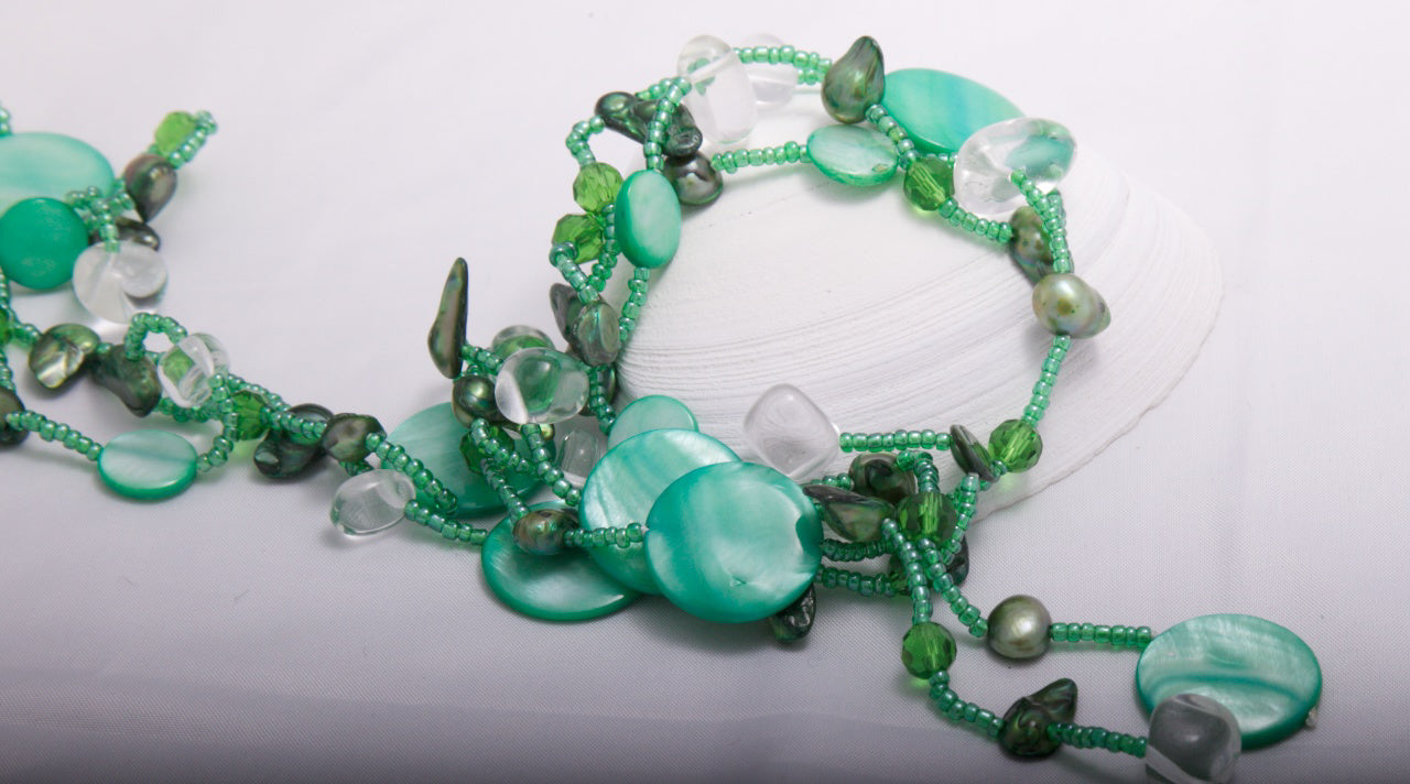 Green Freshwater Pearl & Shell Lariat Necklace