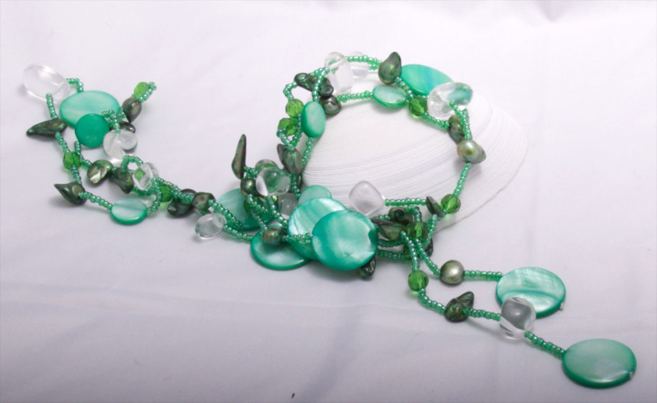 Green Freshwater Pearl & Shell Lariat Necklace