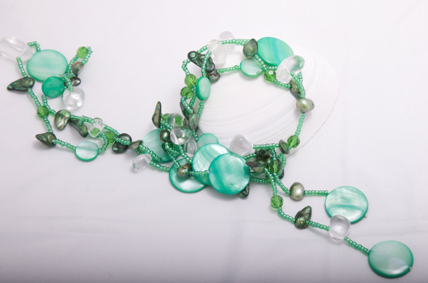 Green Freshwater Pearl & Shell Lariat Necklace