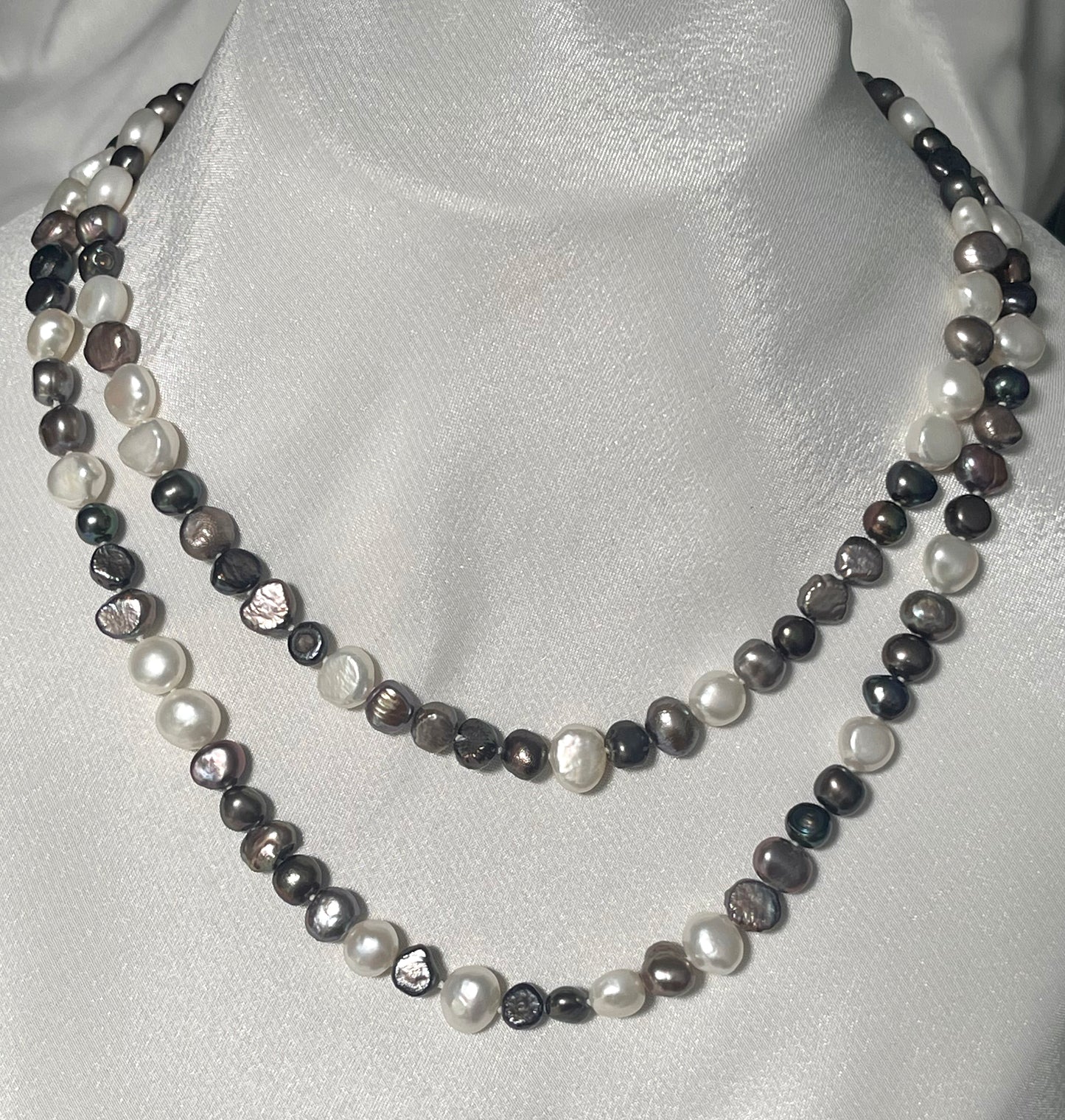 Grey Charcoal Peacock White Freshwater Pearls Necklace - 4 ways to wear