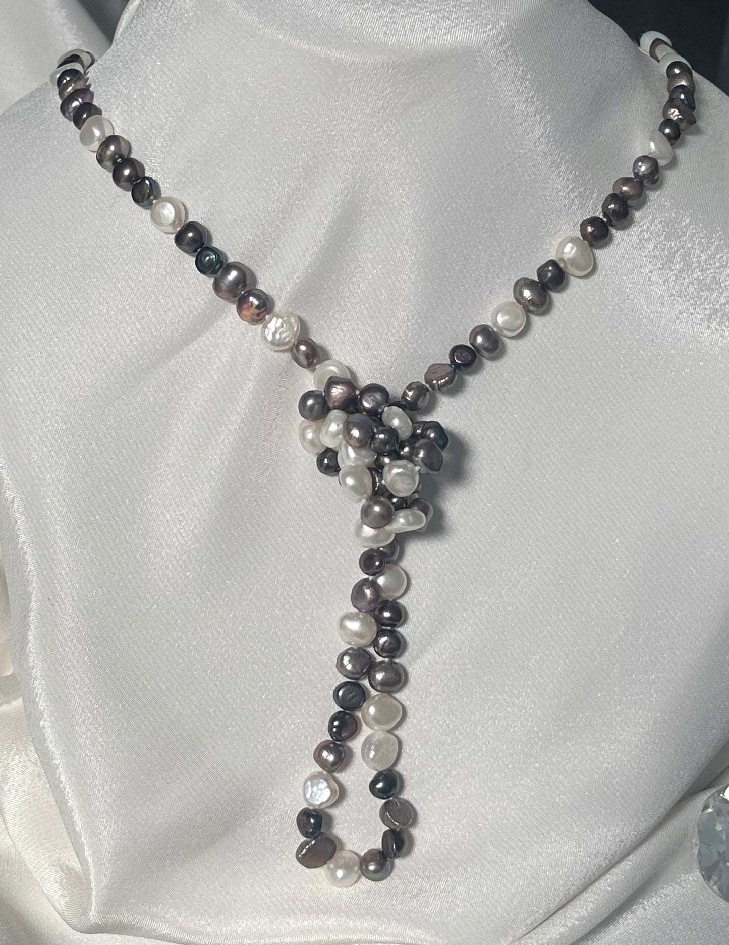 Grey Charcoal Peacock White Freshwater Pearls Necklace - 4 ways to wear