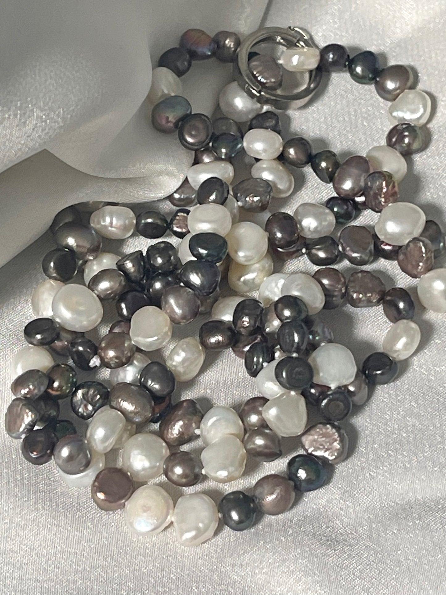 Grey Charcoal Peacock White Freshwater Pearls Necklace - 4 ways to wear