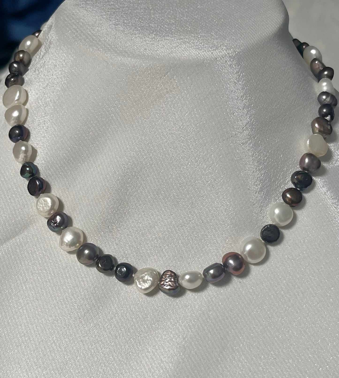 Grey Charcoal Peacock White Freshwater Pearls Necklace - 4 ways to wear
