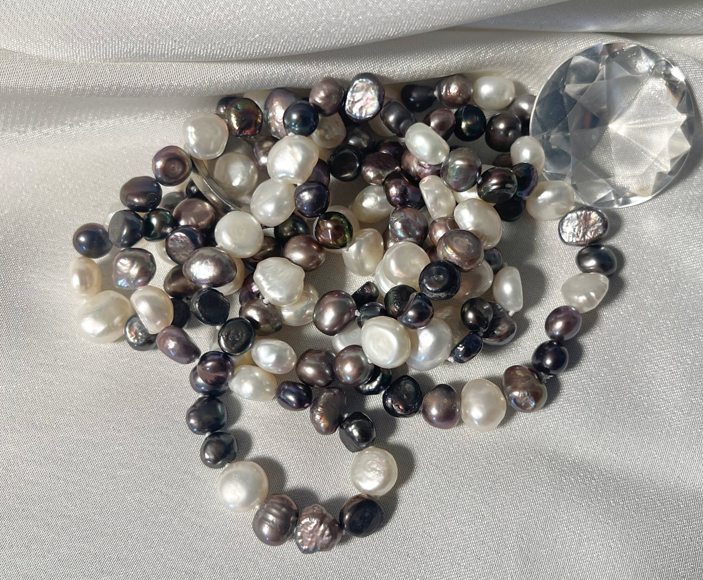 Grey Charcoal Peacock White Freshwater Pearls Necklace - 4 ways to wear