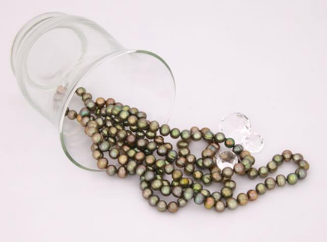 Set Olive Green Round Freshwater Pearl Necklace, Bracelet & Earrings - 4 ways to wear