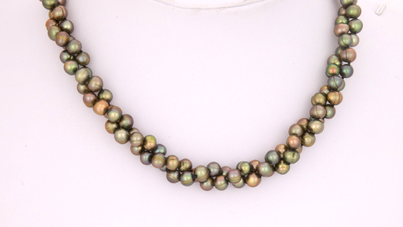 Set Olive Green Round Freshwater Pearl Necklace, Bracelet & Earrings - 4 ways to wear
