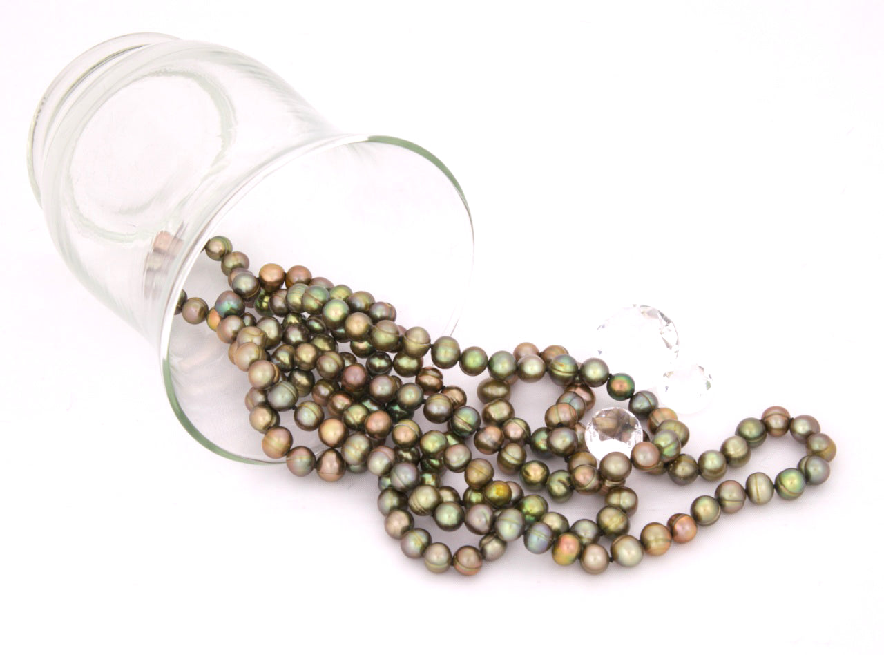 Set Olive Green Round Freshwater Pearl Necklace, Bracelet & Earrings - 4 ways to wear