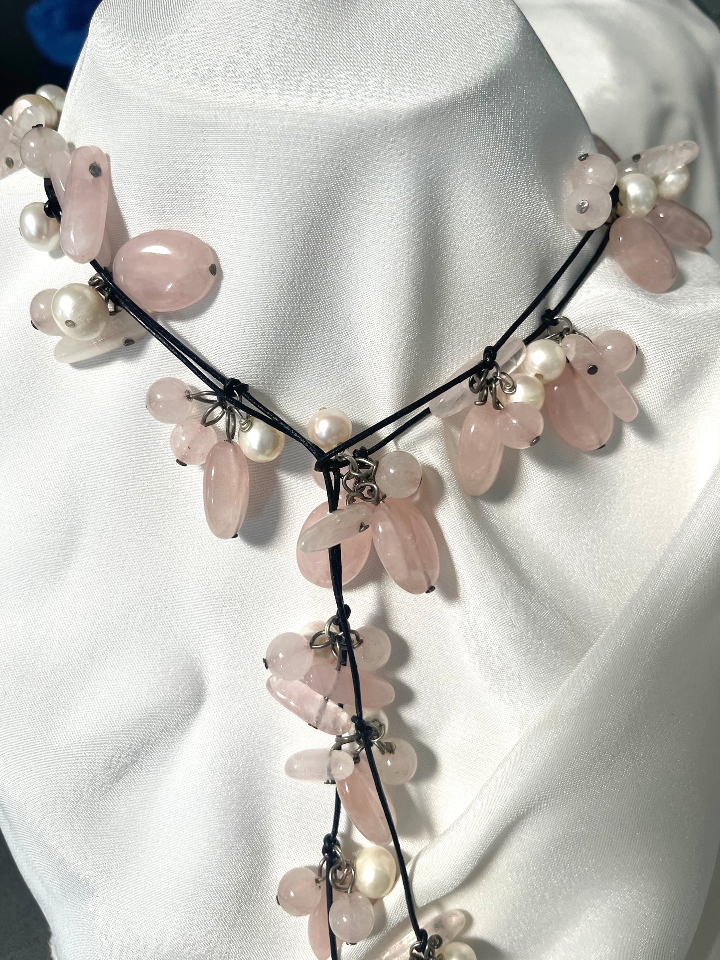 Pink Rose Quartz with White Pearls on a Leather Lariat Long Necklace