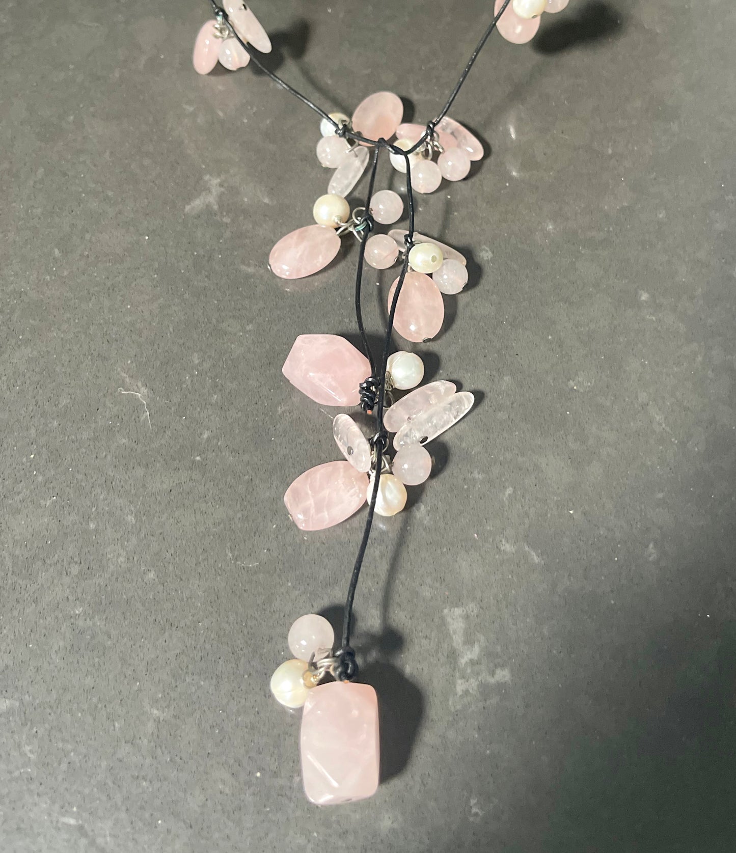 Pink Rose Quartz with White Pearls on a Leather Lariat Long Necklace