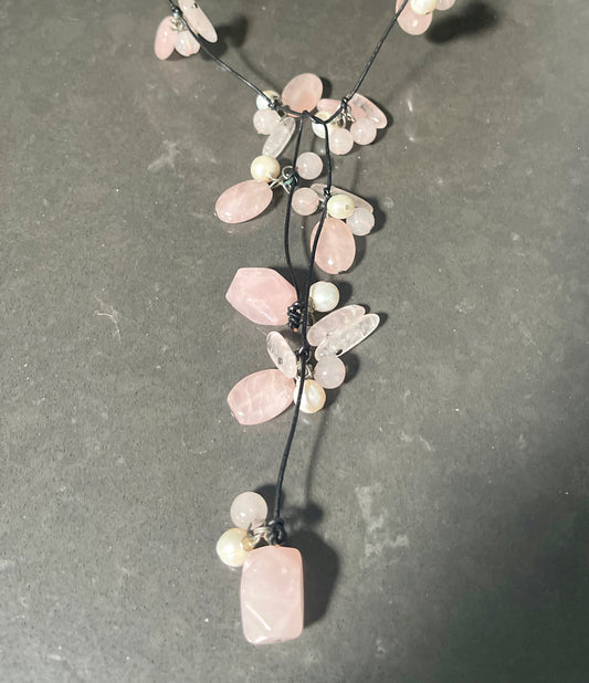 Pink Rose Quartz with White Pearls on a Leather Lariat Long Necklace