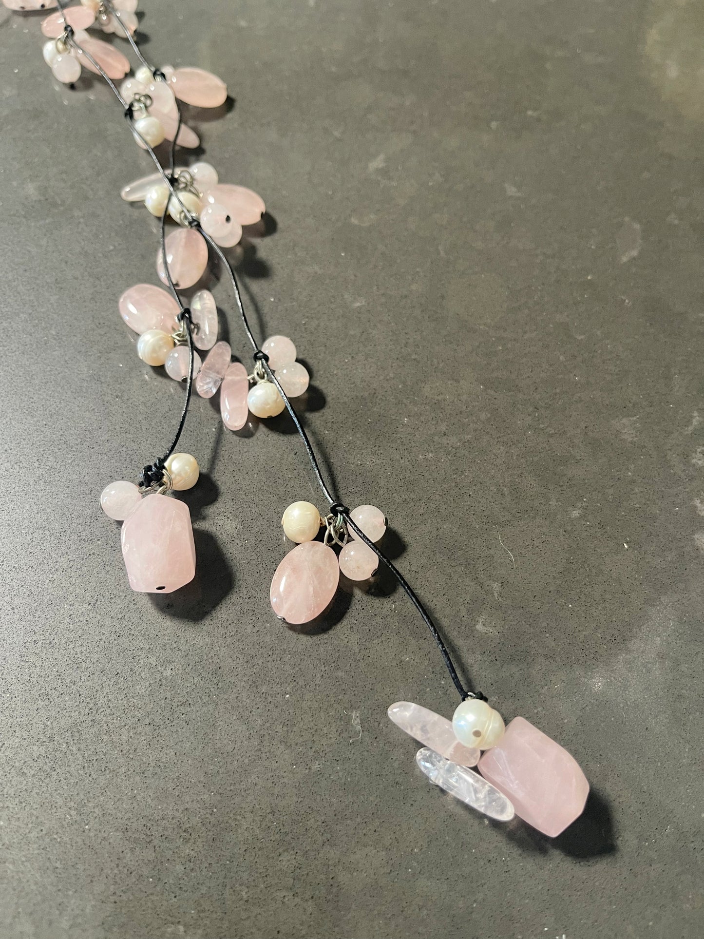 Pink Rose Quartz with White Pearls on a Leather Lariat Long Necklace