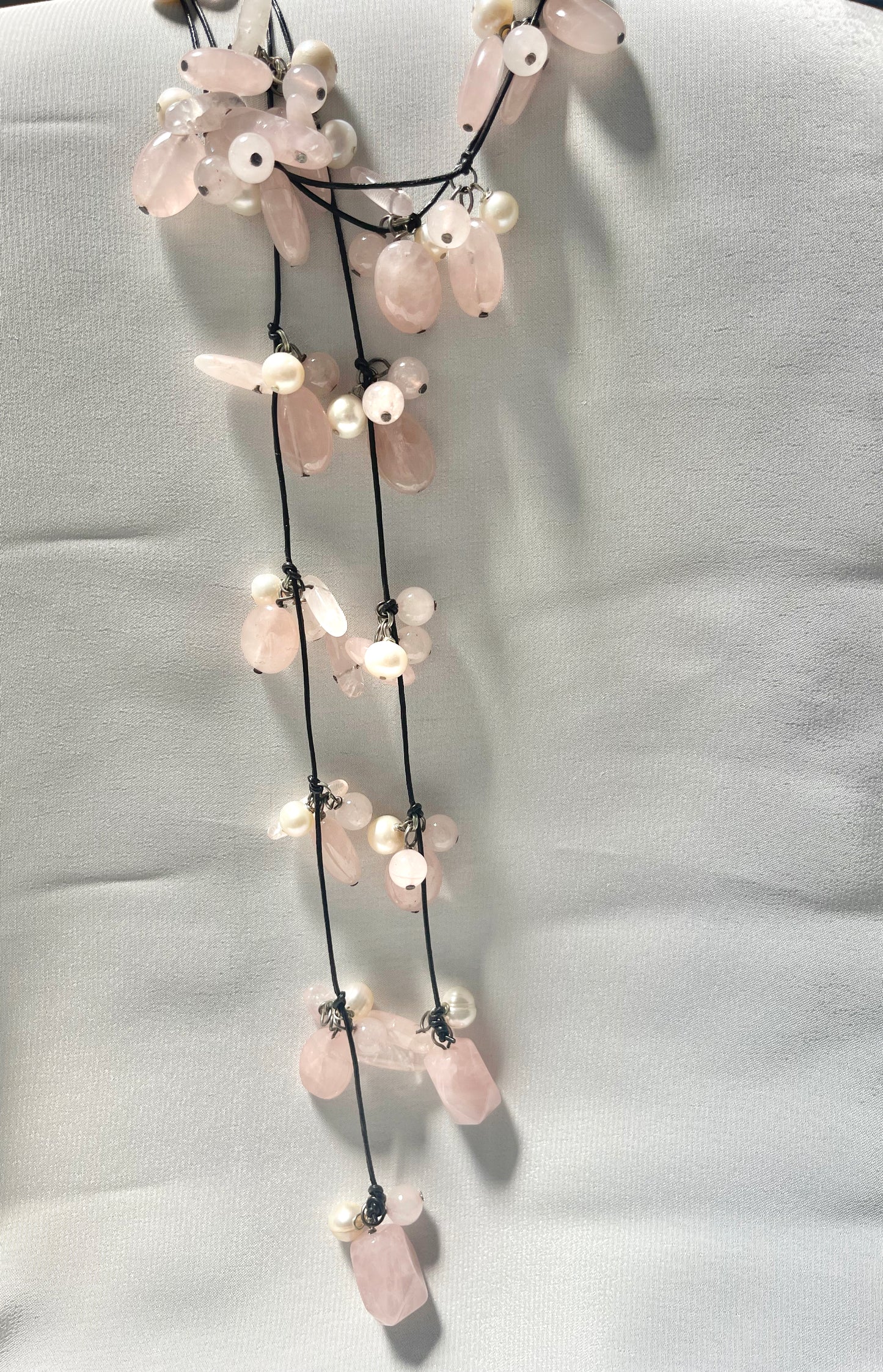 Pink Rose Quartz with White Pearls on a Leather Lariat Long Necklace