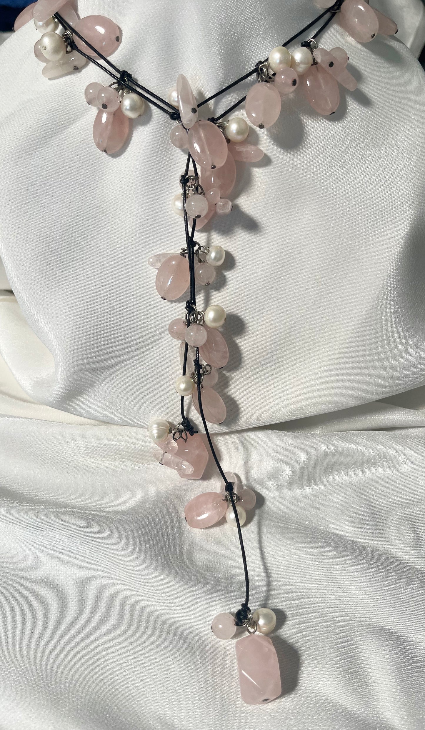 Pink Rose Quartz with White Pearls on a Leather Lariat Long Necklace