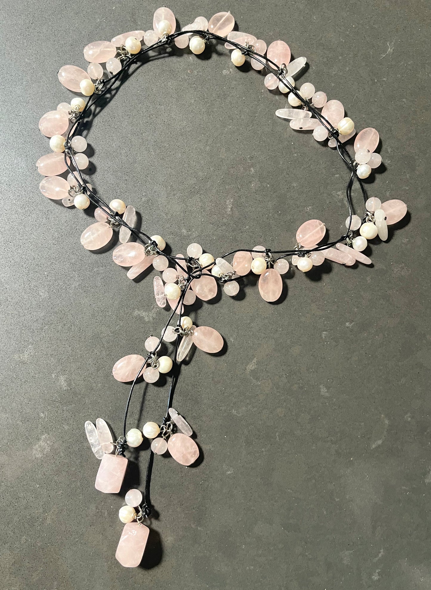 Pink Rose Quartz with White Pearls on a Leather Lariat Long Necklace