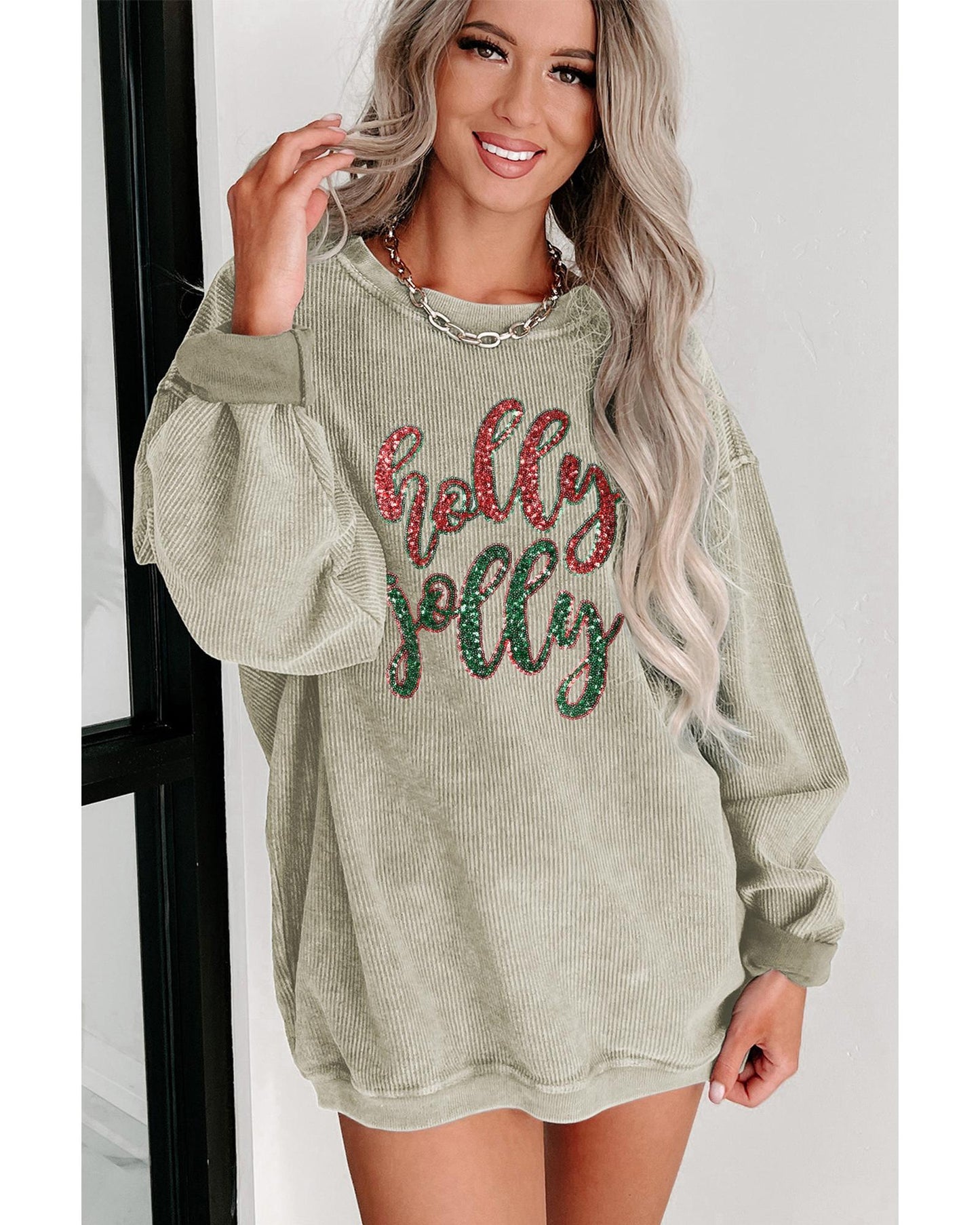 Green Sequined holly jolly Graphic Corded Sweatshirt - S