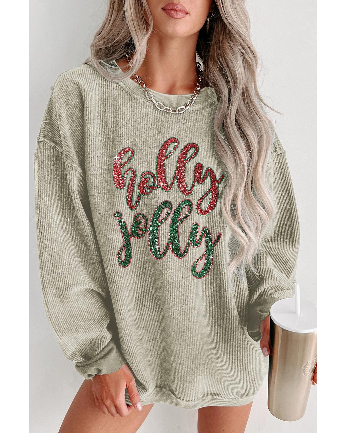 Green Sequined holly jolly Graphic Corded Sweatshirt - S