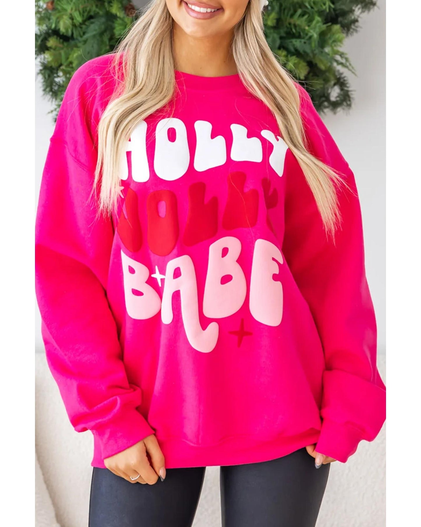 Rose Red Christmas Holly Jolly Babe Graphic Oversized Sweatshirt - M