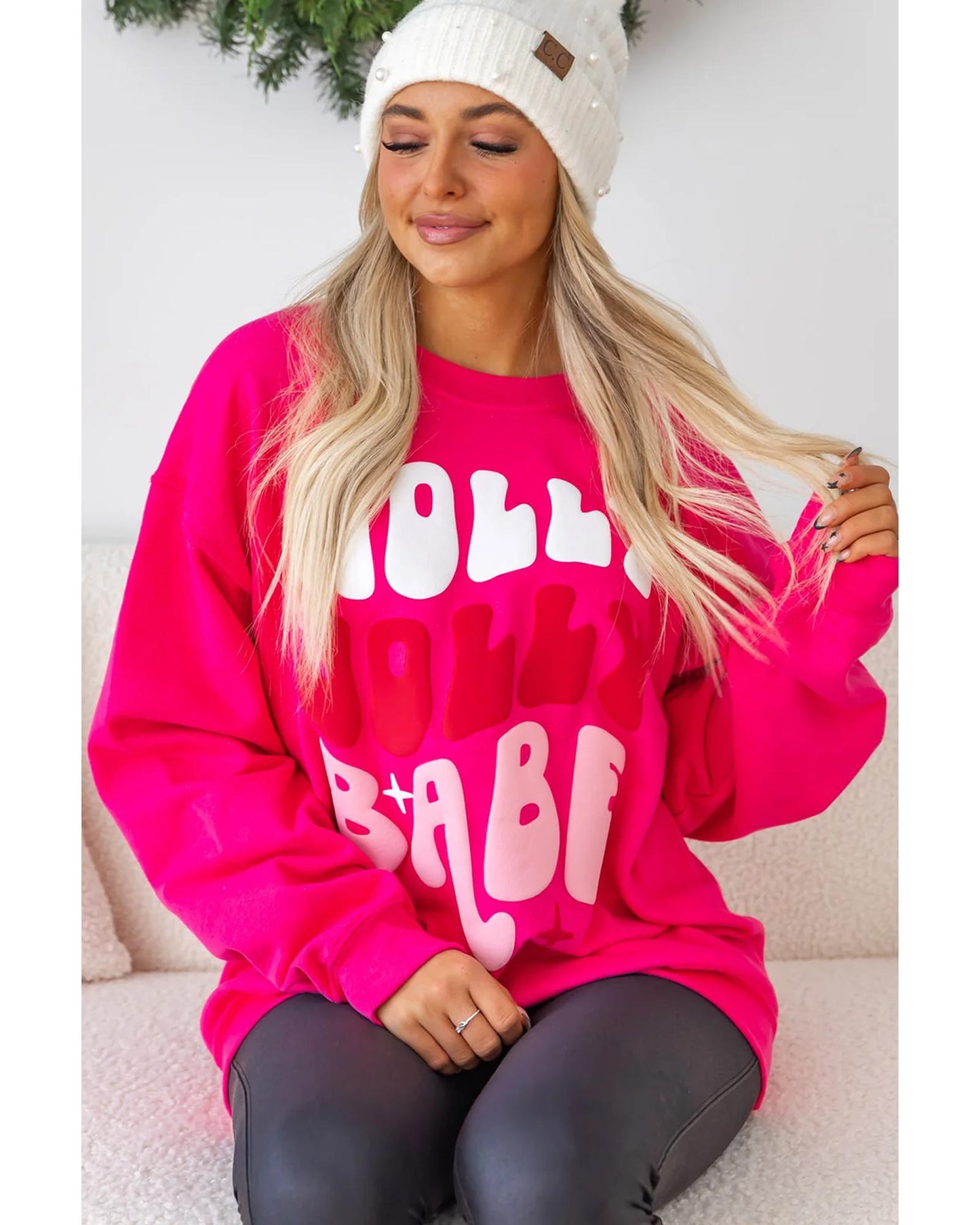 Rose Red Christmas Holly Jolly Babe Graphic Oversized Sweatshirt - M