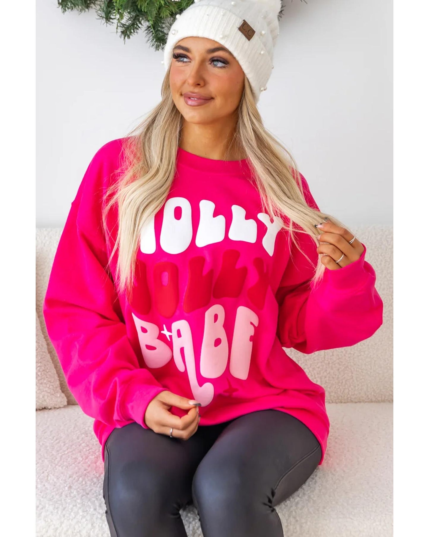 Rose Red Christmas Holly Jolly Babe Graphic Oversized Sweatshirt - M