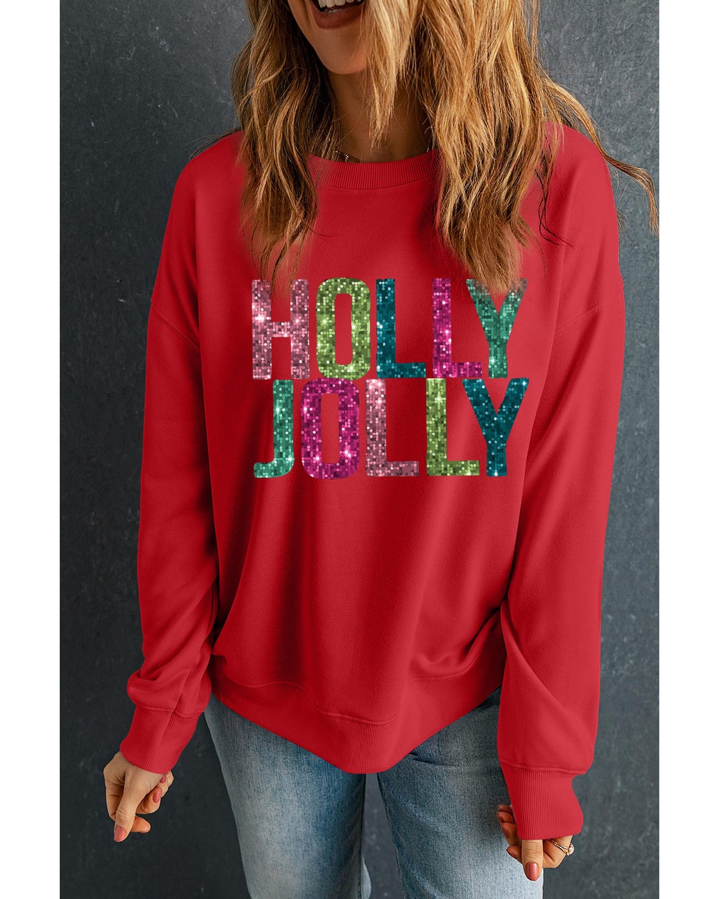 Red Heat Transfer HOLLY JOLLY Printing Christmas Pullover Sweatshirt - M