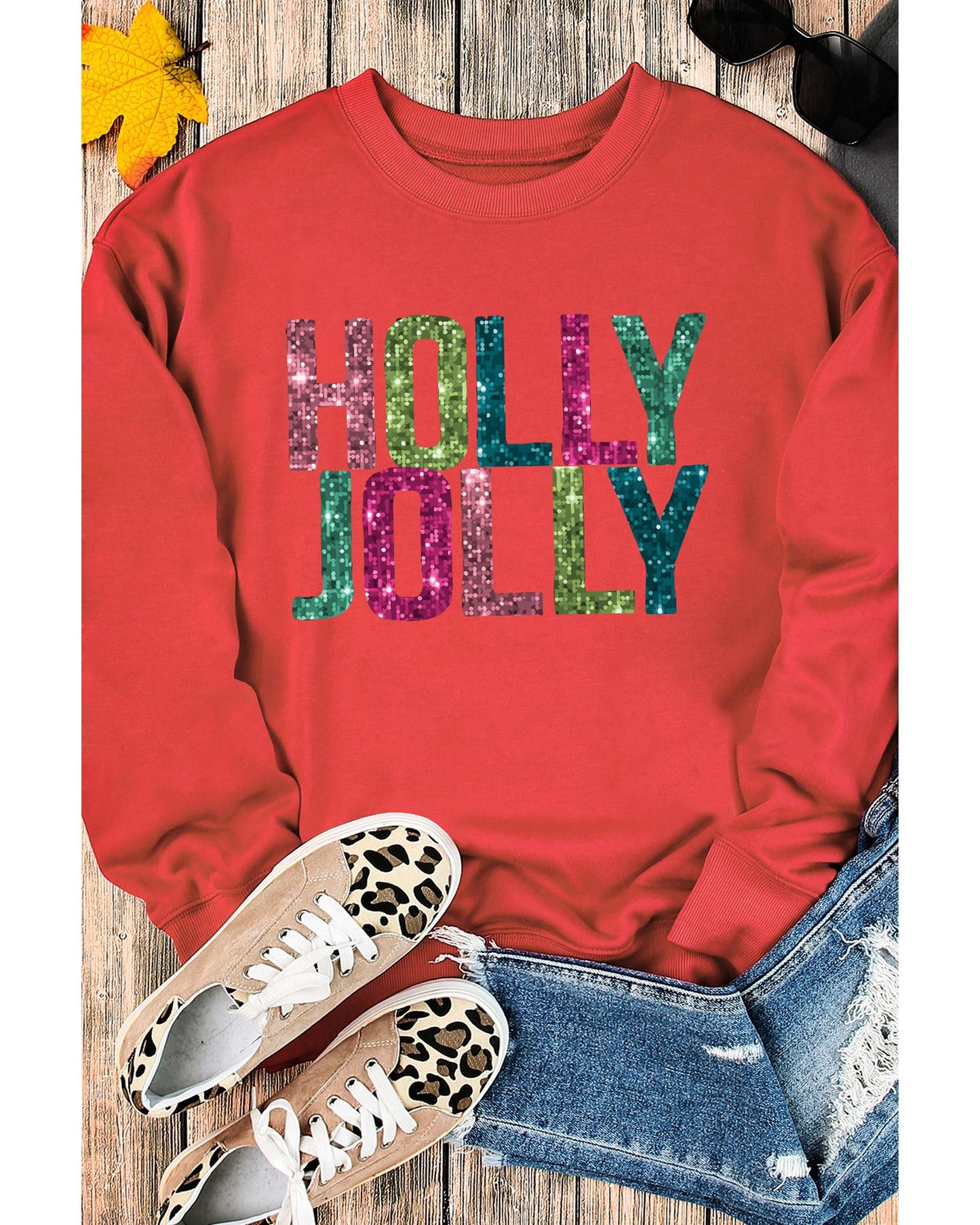 Red Heat Transfer HOLLY JOLLY Printing Christmas Pullover Sweatshirt - M