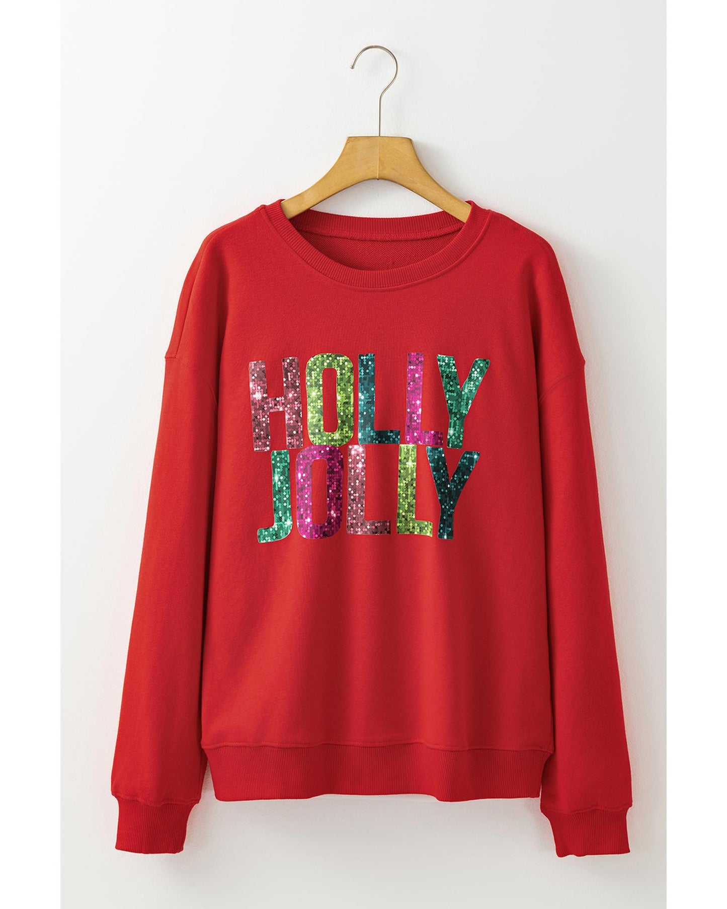 Red Heat Transfer HOLLY JOLLY Printing Christmas Pullover Sweatshirt - M
