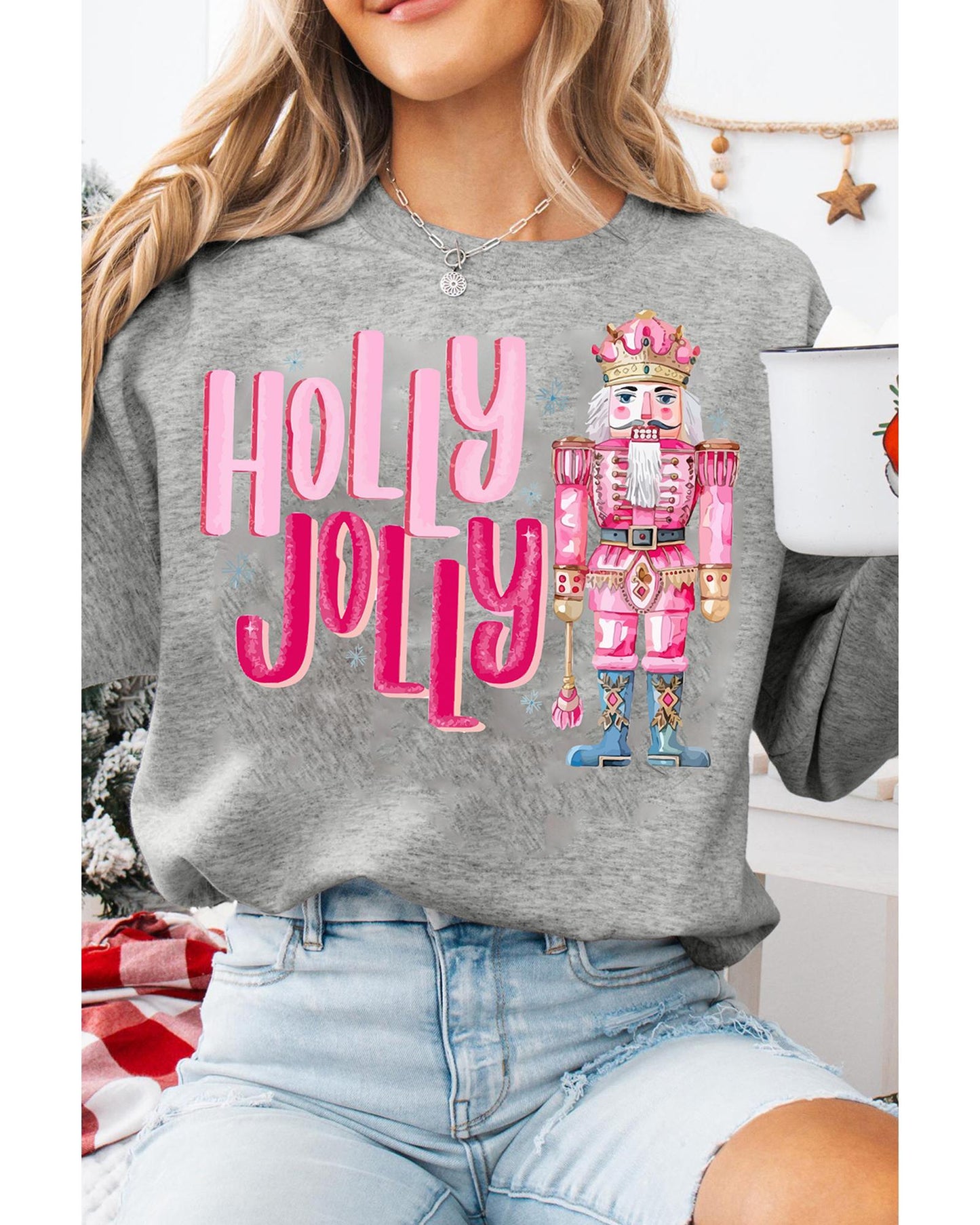 Gray HOLLY JOLLY Nutcracker Print Crew Neck Christmas Sweatshirt - S
