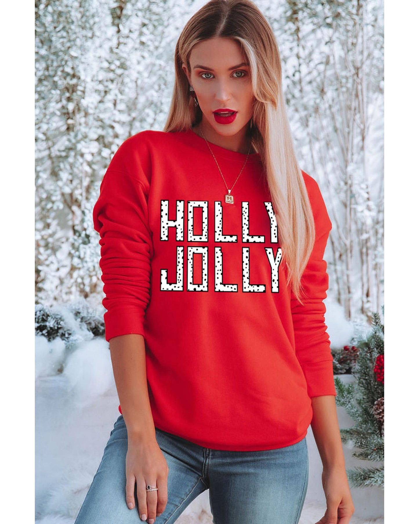 Red HOLLY JOLLY Dotty Letter Graphic Christmas Sweatshirt - M