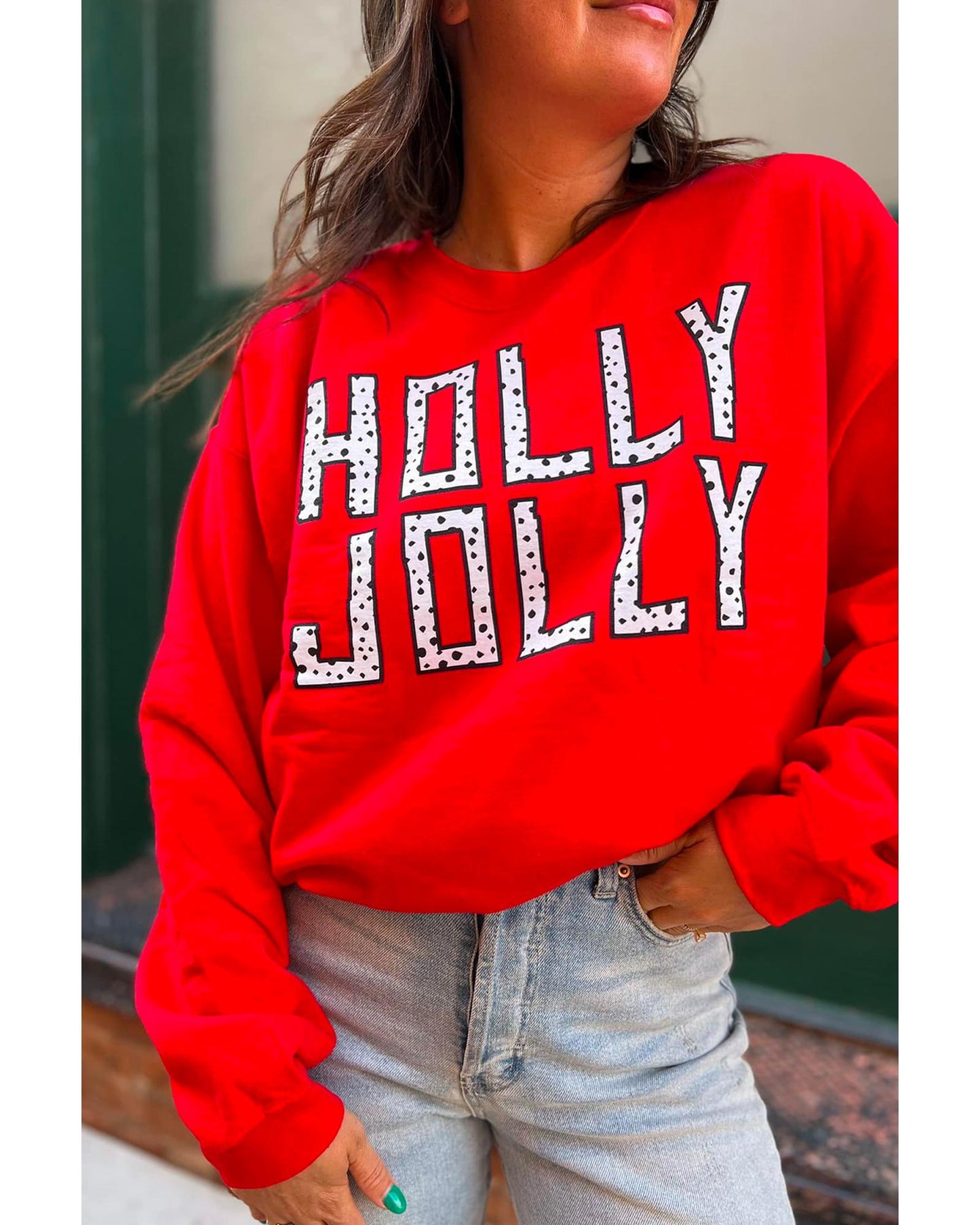 Red HOLLY JOLLY Dotty Letter Graphic Christmas Sweatshirt - M