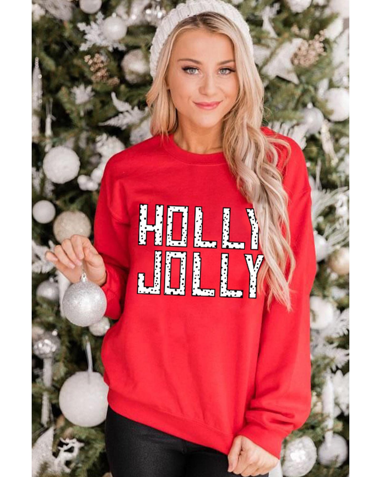 Red HOLLY JOLLY Dotty Letter Graphic Christmas Sweatshirt - M