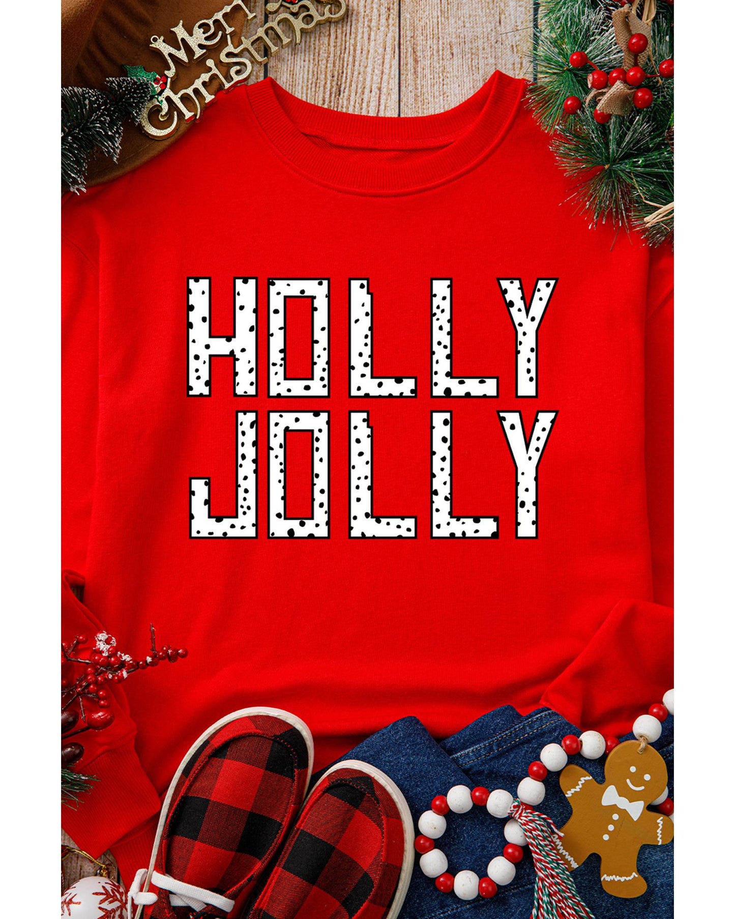 Red HOLLY JOLLY Dotty Letter Graphic Christmas Sweatshirt - M