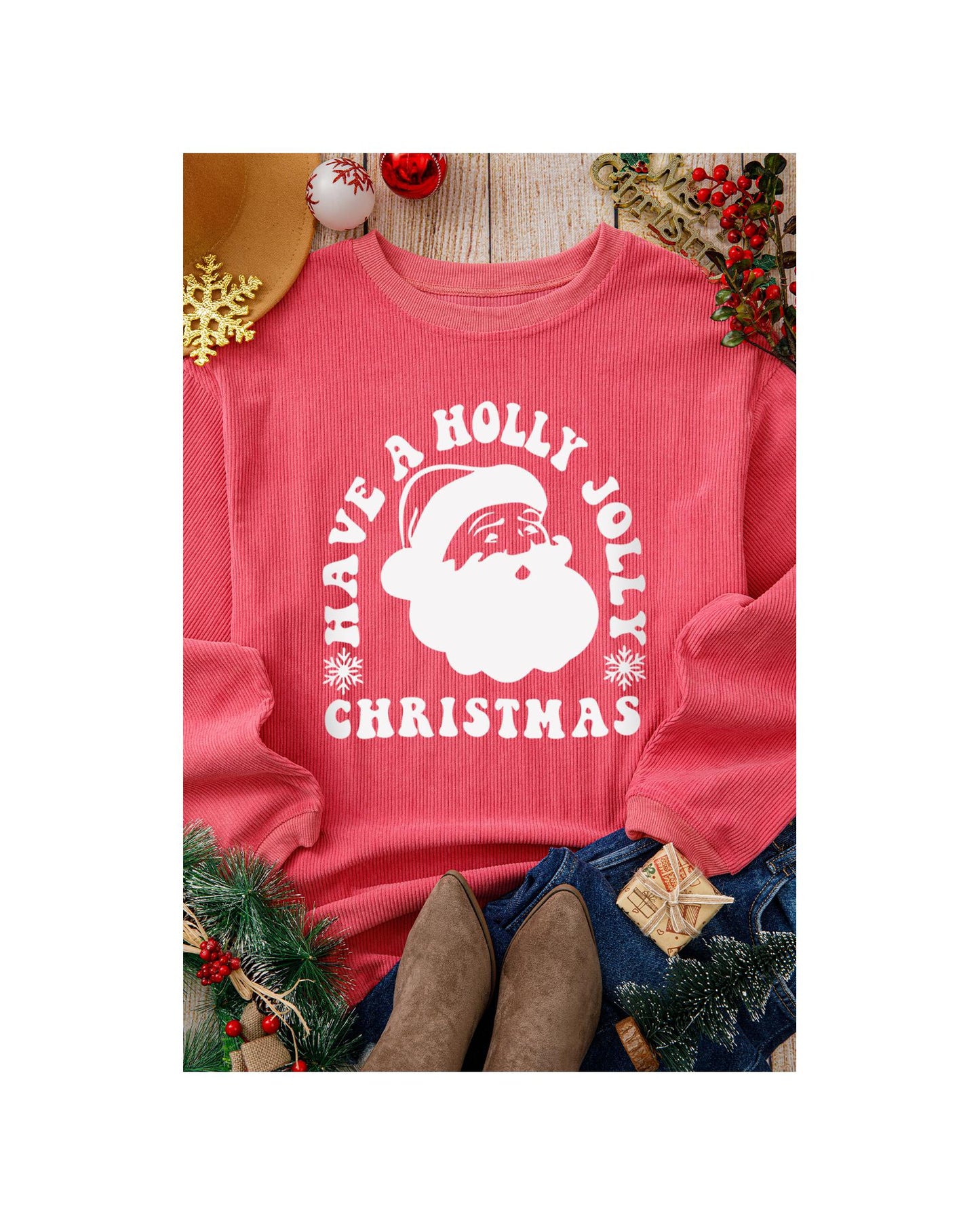Strawberry Pink HAVE A HOLLY JOLLY CHRISTMAS Corded Sweatshirt - S