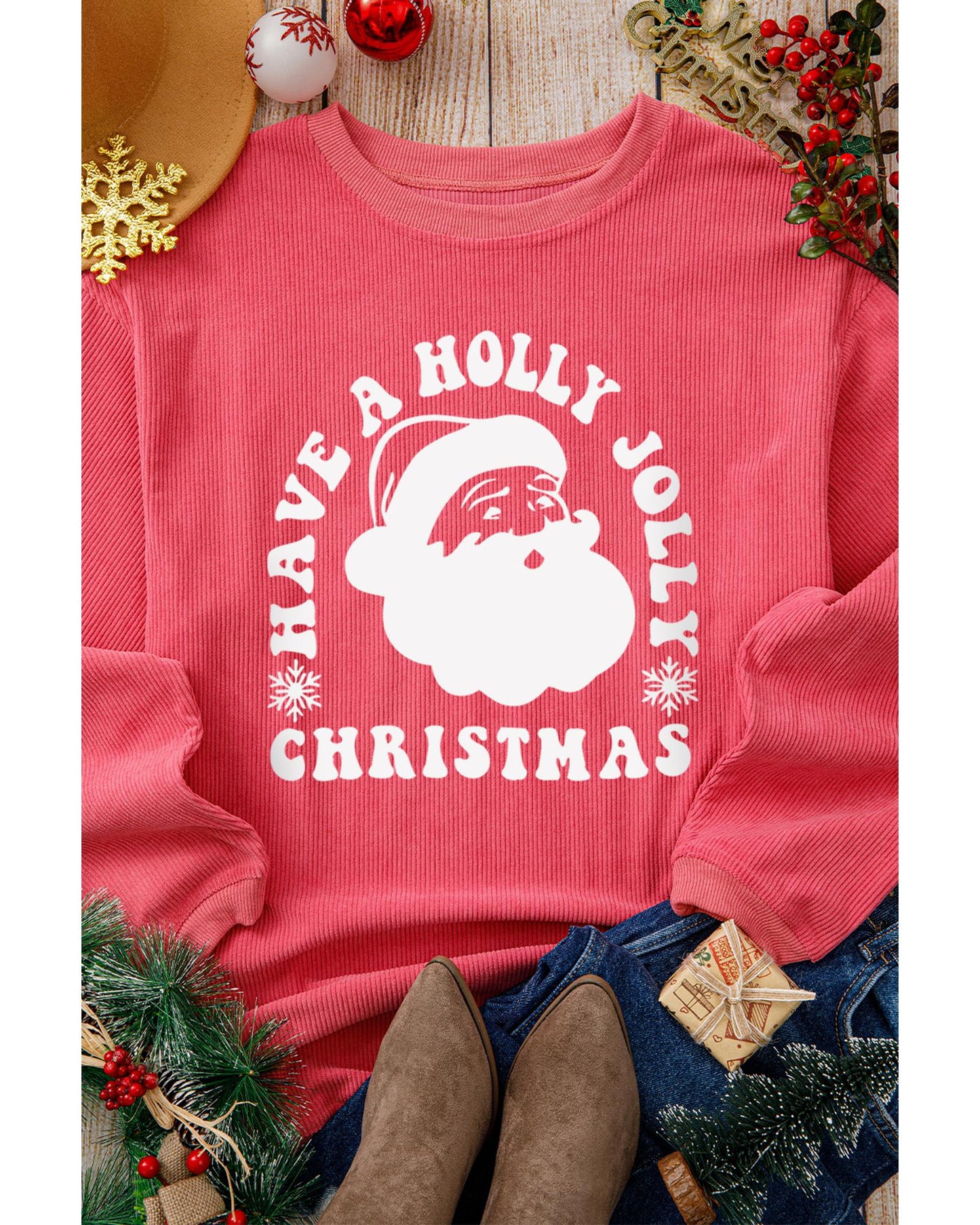 Strawberry Pink HAVE A HOLLY JOLLY CHRISTMAS Corded Sweatshirt - S