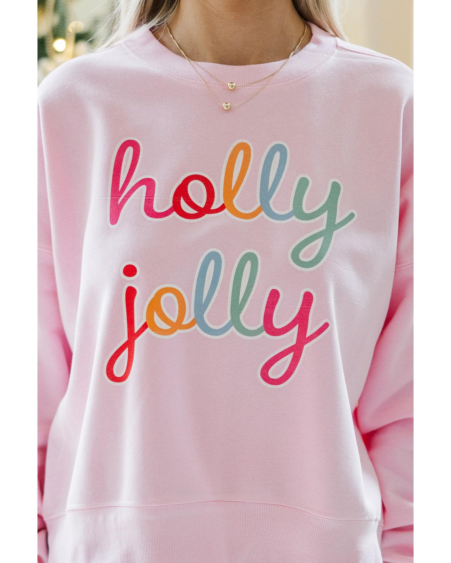 Pink holly jolly Printed Round Neck Christmas Sweatshirt - 2XL
