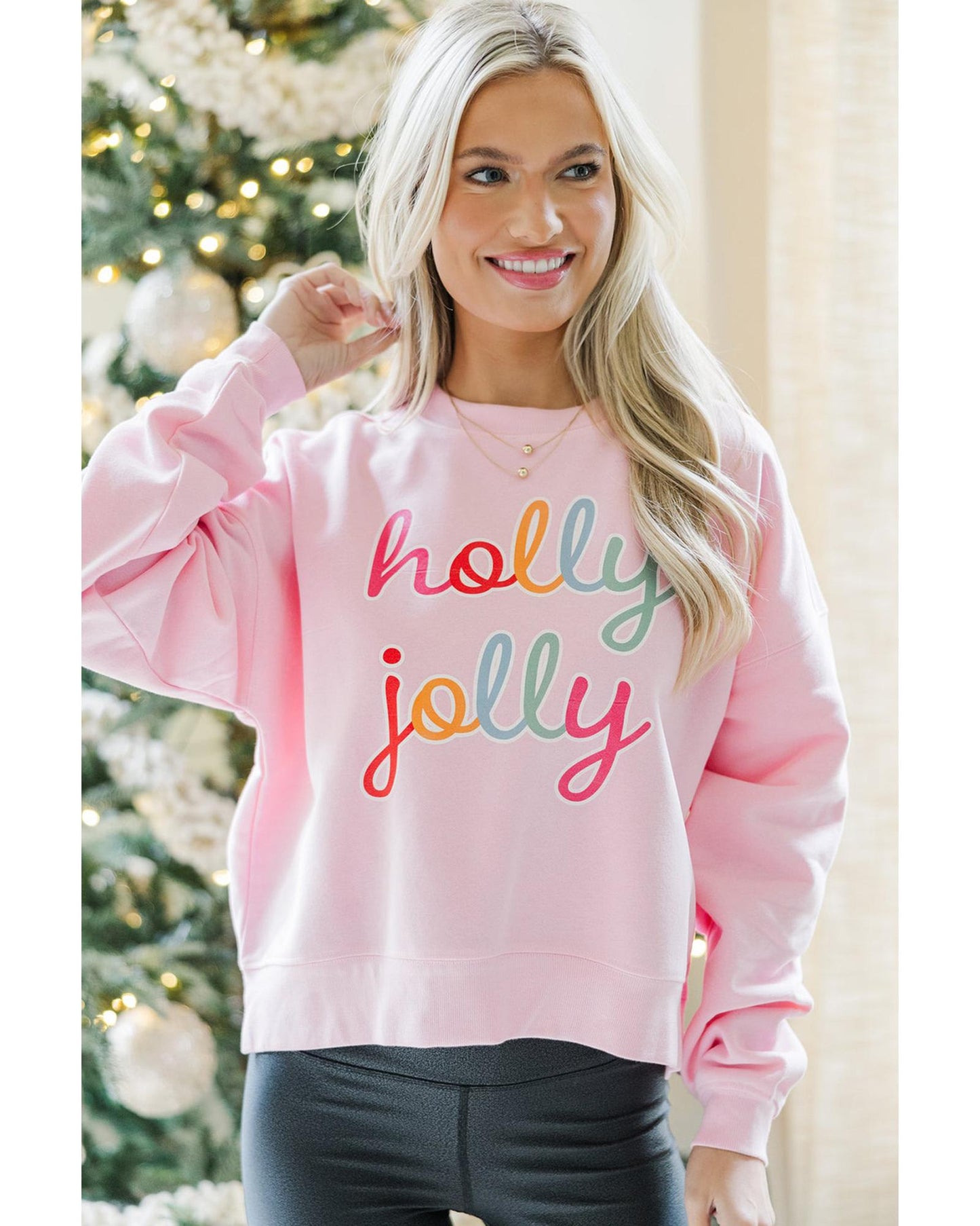 Pink holly jolly Printed Round Neck Christmas Sweatshirt - 2XL