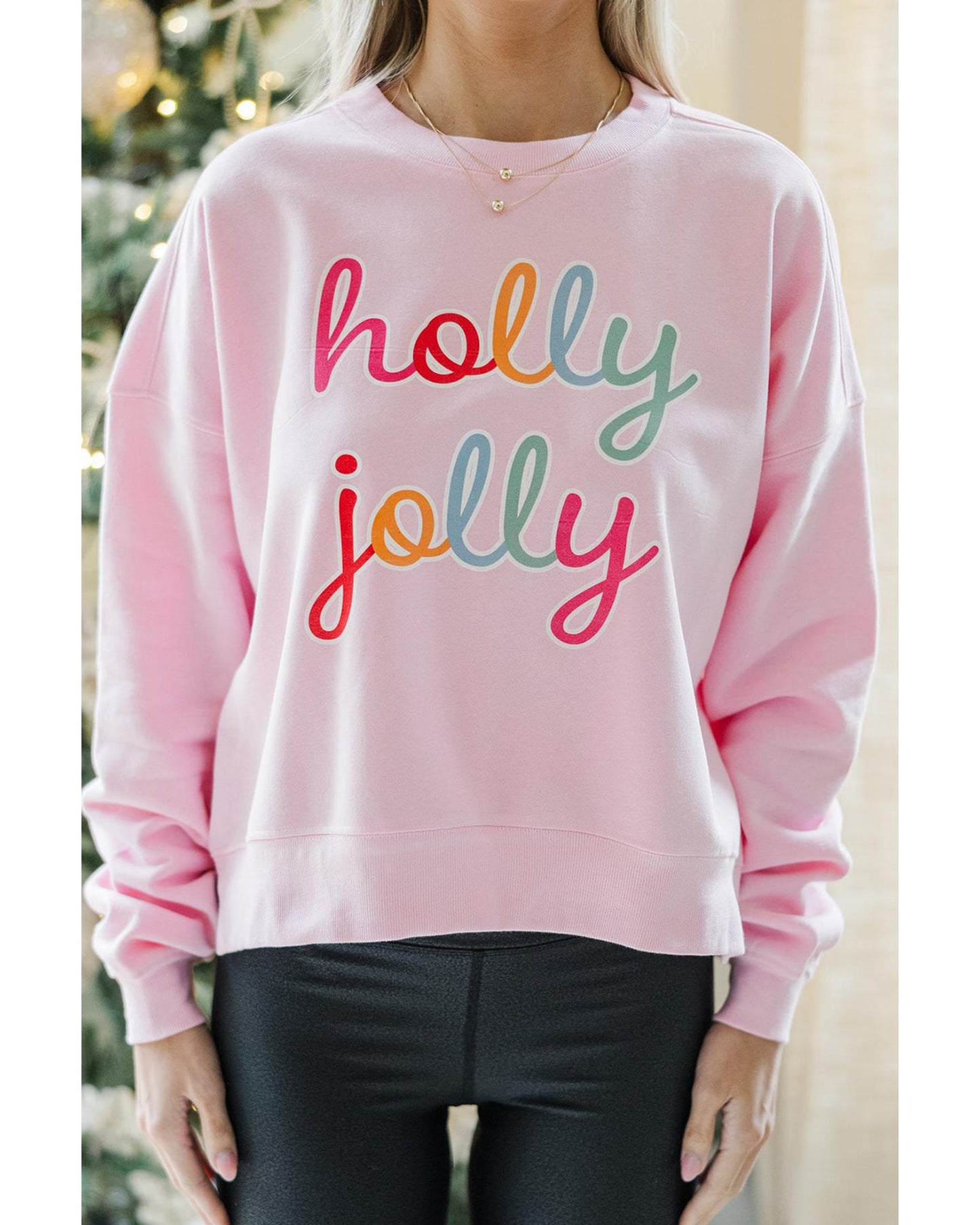 Pink holly jolly Printed Round Neck Christmas Sweatshirt - 2XL
