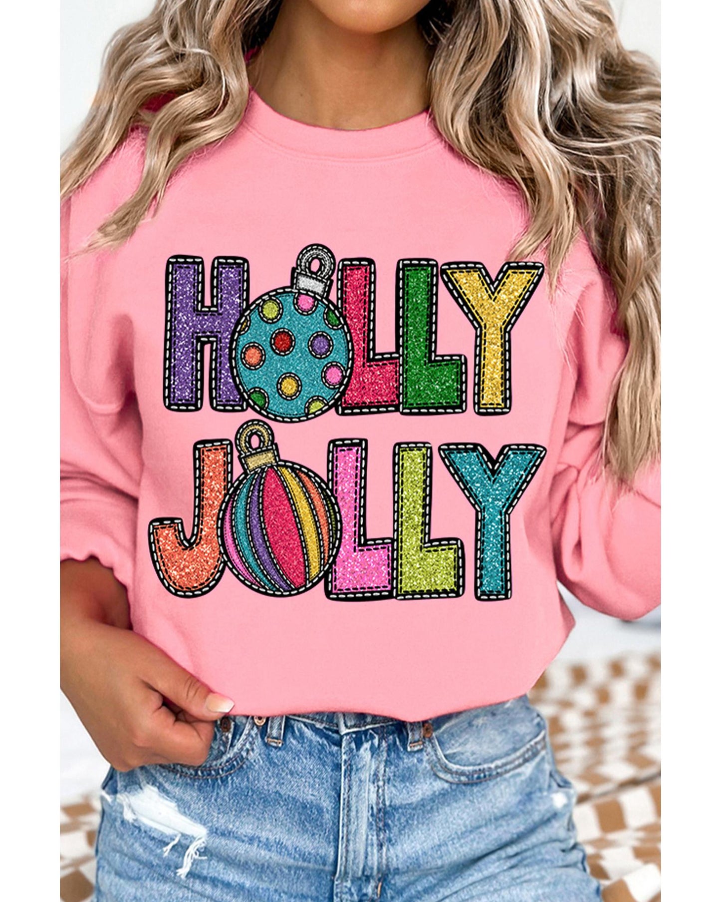 Pink HOLLY JOLLY Christmas Festive Letter Graphic Sweatshirt - L