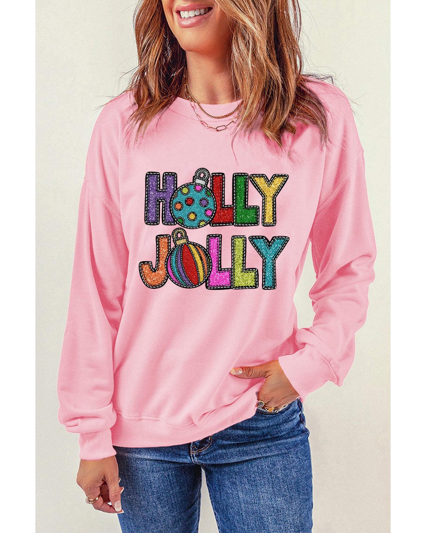 Pink HOLLY JOLLY Christmas Festive Letter Graphic Sweatshirt - L